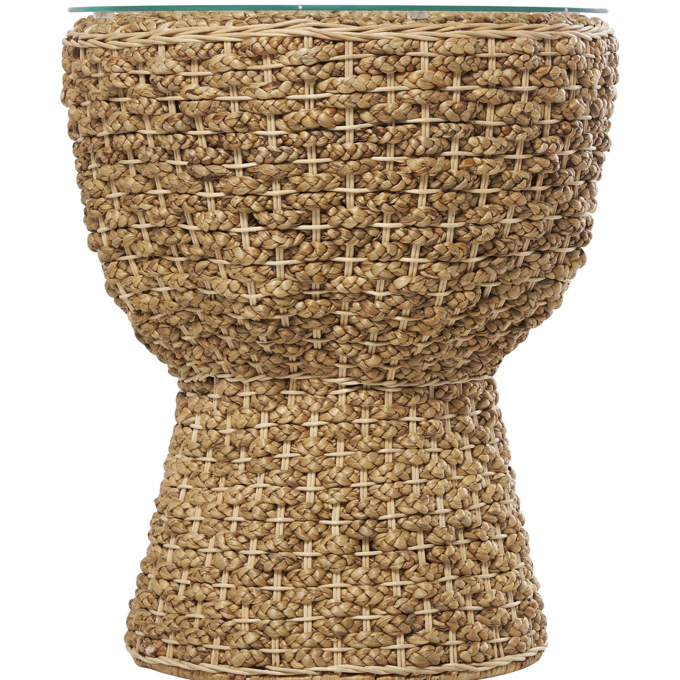 DecMode 20" x 24" Brown Seagrass Handmade Woven Accent Table with Glass Top, 1-Piece