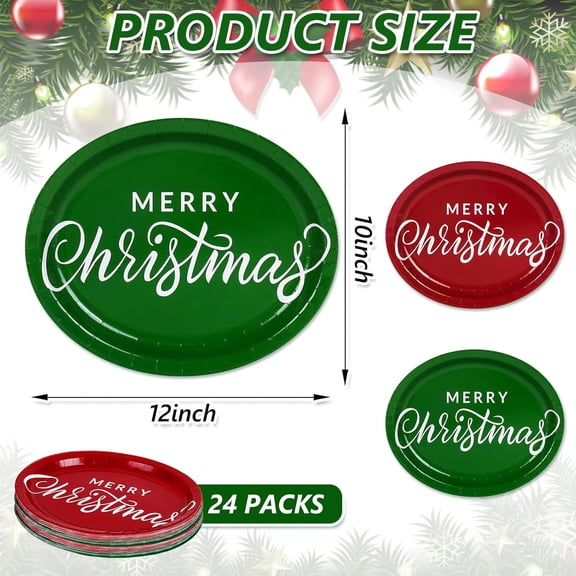 YUYAN-Christmas Oval Paper Plates 12"x10" Heavy Duty Xmas Red Green Party Plates Merry Christmas Disposable Dinner Plate for Holiday Wedding Birthday Picnic Family Gatherings Party Supplies, 24 Pcs