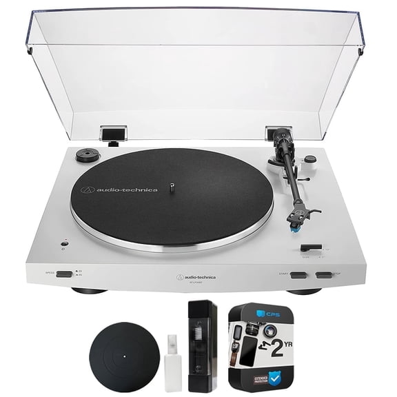 Audio-Technica AT-LP3XBT-WH Fully Automatic Wireless Belt-drive Turntable White Bundle with 12 inch Silicone Rubber Mat, Vinyl Record Cleaning Fluid System and 2 YR CPS Enhanced Protection Pack