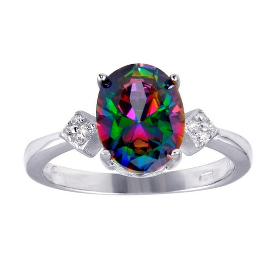 Oval Rainbow Simulated Topaz Cubic Zirconia Three Stone Ring Sterling Silver Size 8