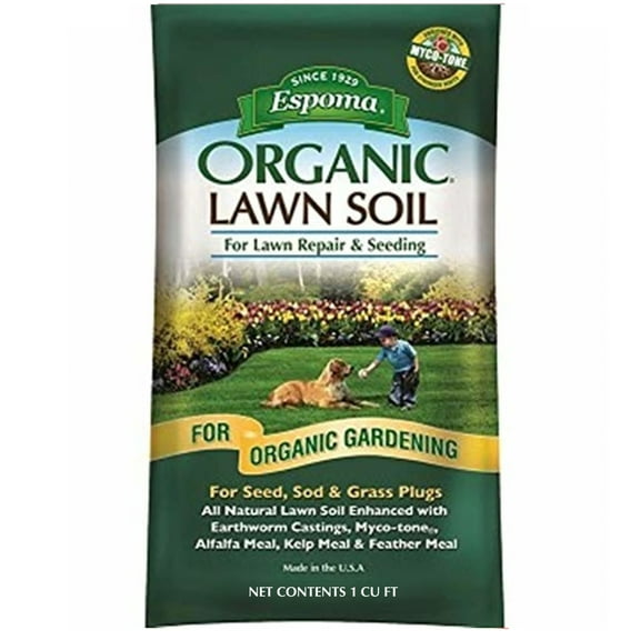 Espoma Organic Lawn Soil for Repair & Seeding, All-Natural Lawn Soil Enhanced with Earthworm Castings, Myco-tone, Alfalfa Meal, Kelp Meal and Feather Meal, 1 cu ft