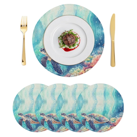 Round Placemats Sea Turtle 15 inch Set of 4 Table Mats for Dining Table Ocean Coral Marine Life Linen Heat Resistant Non-Slip Kitchen & Home Decorative Place Mat Set