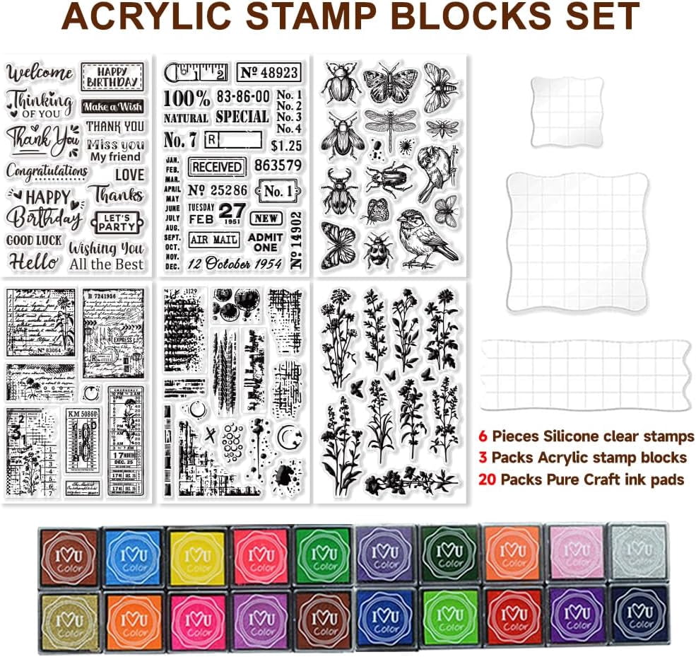 29 Pcs Acrylic Stamps for Crafting Card Making Supplies Set Include 3 Acrylic Clear Stamp Blocks 6 Clear Silicone Stamps Seals 20 Craft Ink Pads Stamp for DIY Scrapbooking Journal Black DIY