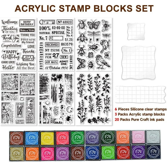 29 Pcs Acrylic Stamps for Crafting Card Making Supplies Set Include 3 Acrylic Clear Stamp Blocks 6 Clear Silicone Stamps Seals 20 Craft Ink Pads Stamp for DIY Scrapbooking Journal