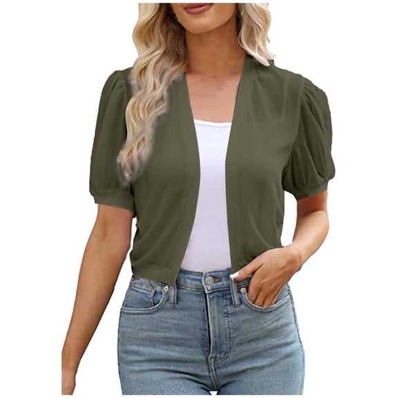 ATOYSOY Womens Puff Sleeve Sheer Chiffon Cropped Cardigan Open Front Light Casual Tops For Summer Beach Daily Layering Wear