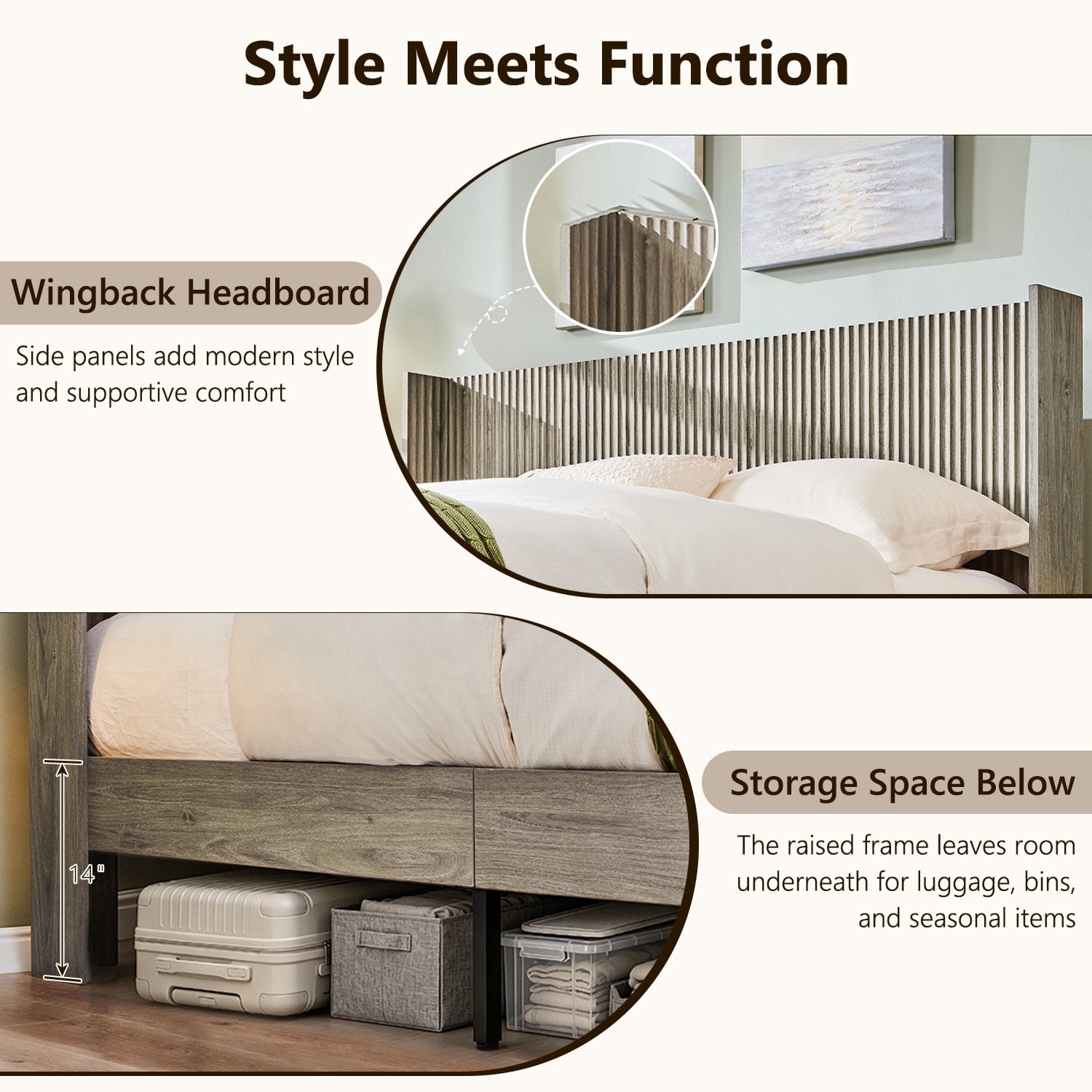 KeyWhat Modern Fluted Queen Size Bed Frame with Headboard & Storage Footboard, Built-in Drawers & Lift-Up Gas Struts, Solid Wood Slats, No Box Spring Needed, Grey Alder