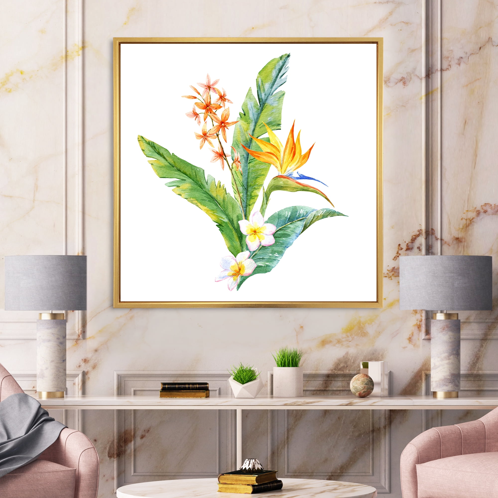 Designart 'Green Leaves With Tropical Yellow Flowers I' Traditional Framed Canvas Wall Art Print