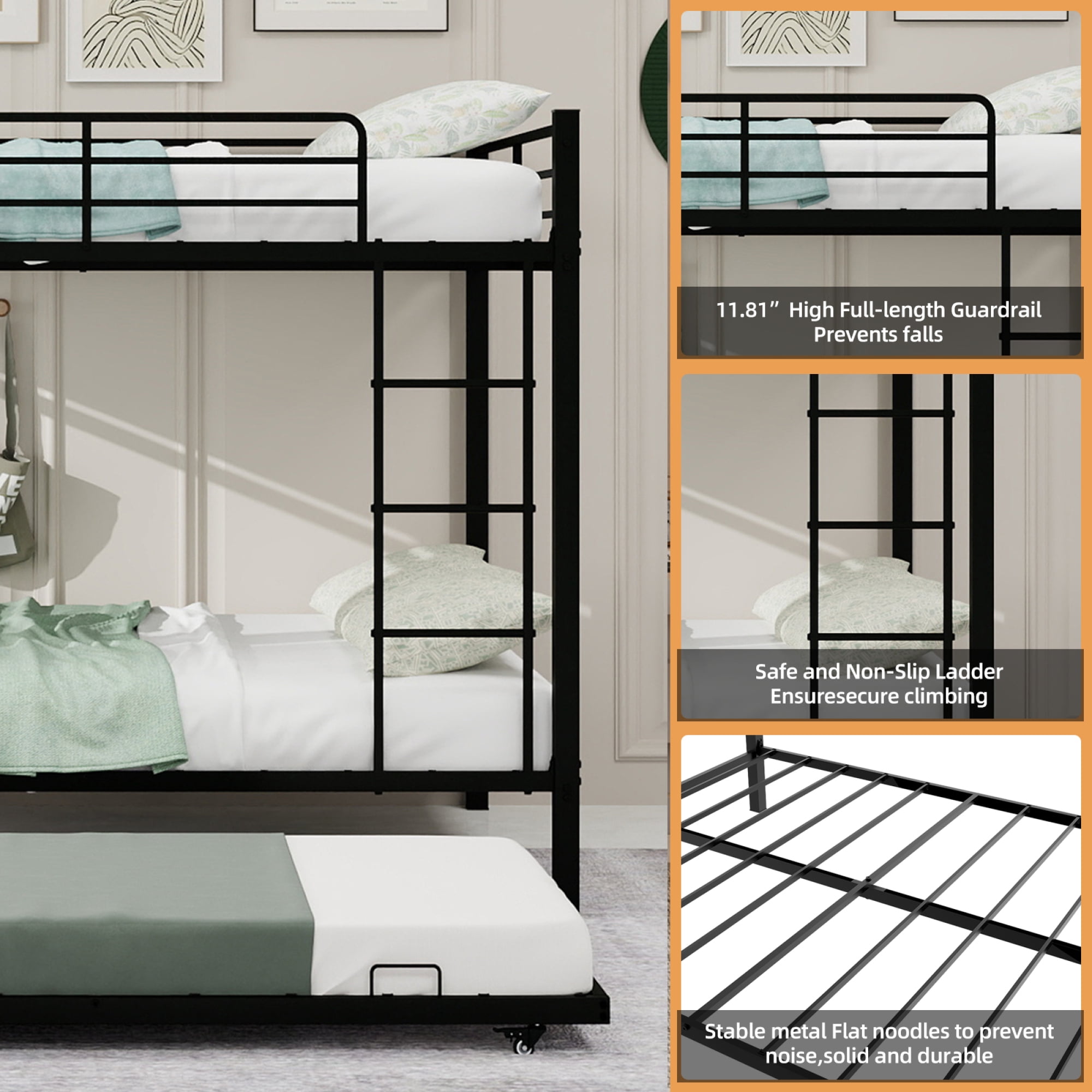 Full over Full Size Bunk Bed with Trundle, Heavy-Duty Metal Bunk Bedframe with Ladder and Full-Length Guardrails for Kids Teens Adults, No Box Spring Needed