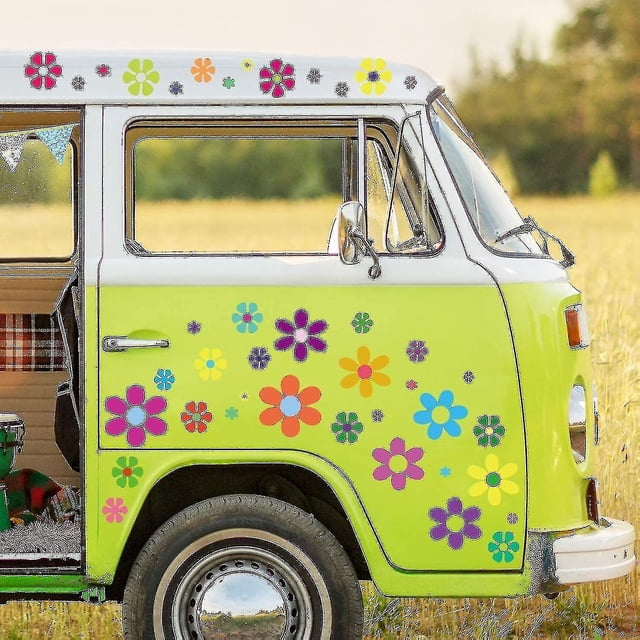 60 pegatinas de flores para coche, pegatinas de fiesta con temática hippie de los años 60, pegatinas de margaritas multicolores, calcomanías de flores retro de vinilo coloridas