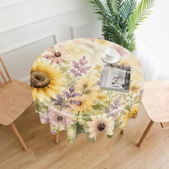 RKSupls 60 Inch Round Tablecloth, Sunflower Field Watercolor Premium Polyester Straight Edge Wrinkle Resistant Washable Table Cover for Party Home Dining Decor