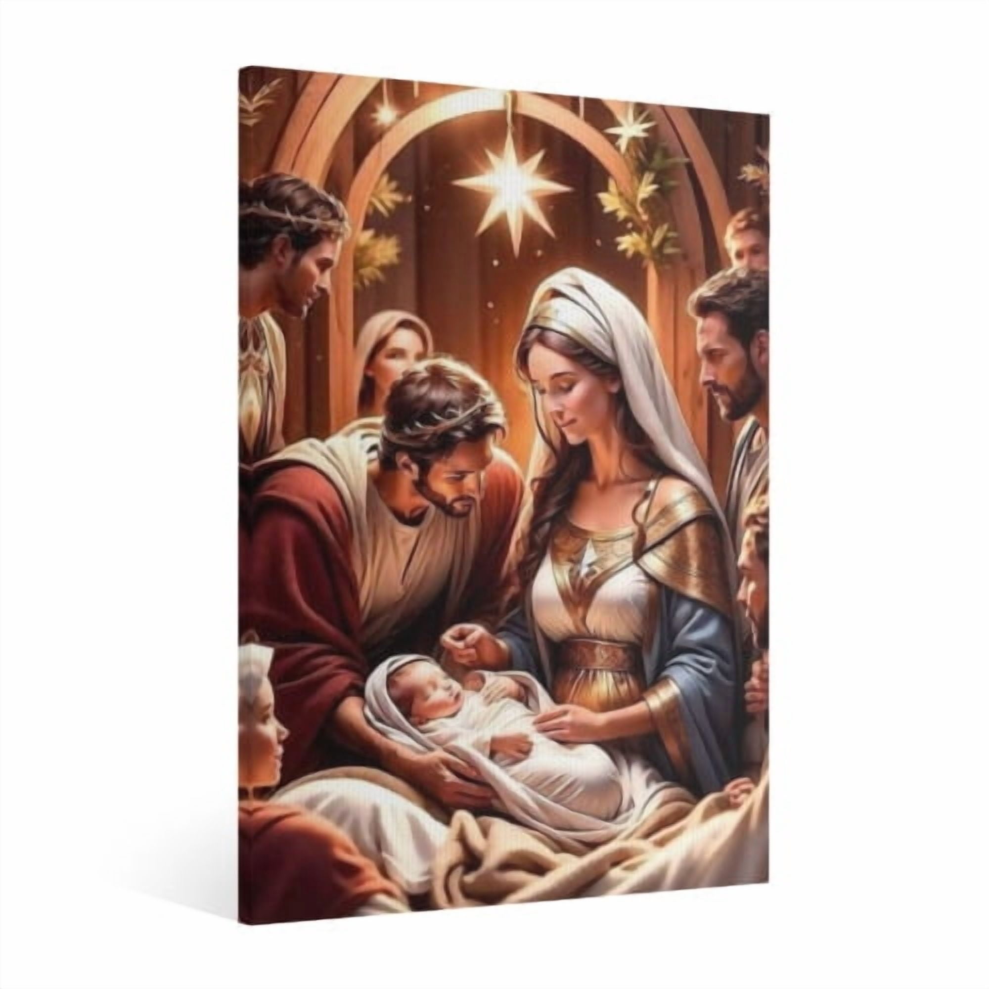 Vintage Jesus Nativity Scene Canvas Wall Art Paint Framed Christian Jesus Wall Art Decor Christmas Wall Religious Artwork for Home Living Room Bedroom Wall Decor