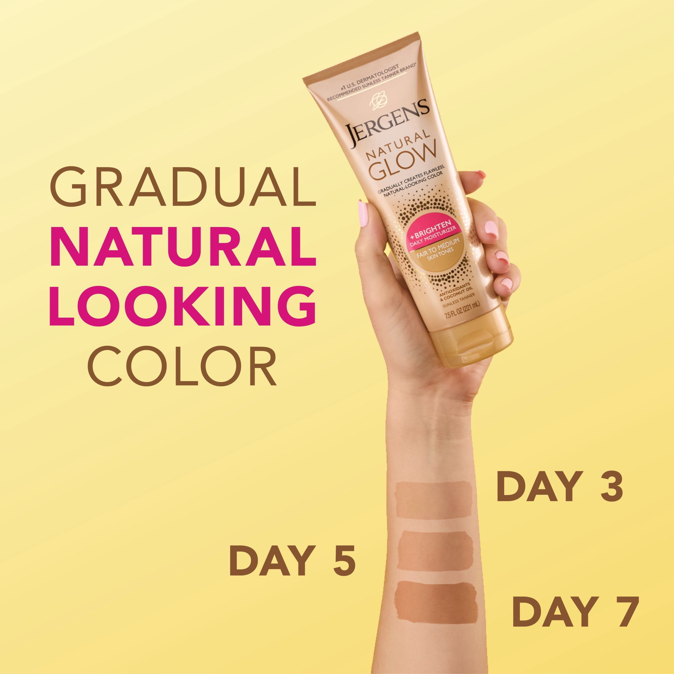 Jergens Natural Glow Daily Moisturizer Fair to Medium Skin, Sunless Self Tanning Lotion, 7.5 fl oz