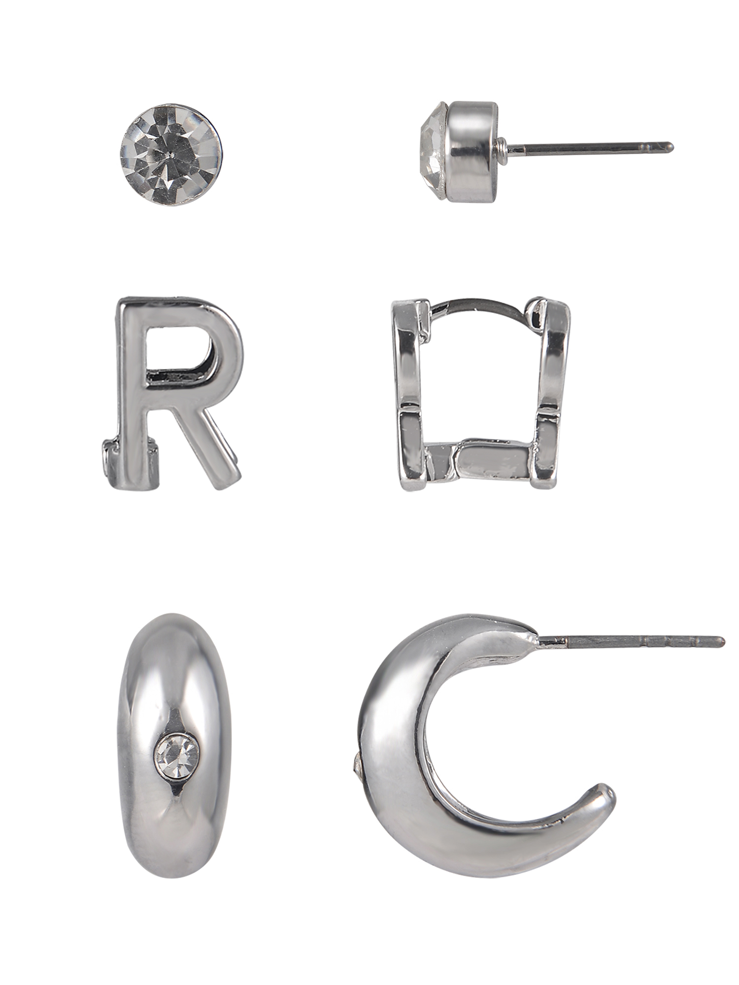 Time and Tru Silvertone 3-On Crystal Stud, Hoop, Initial "R" Earring Set