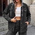 thumbnail image 4 of Nowekniz Women's Hooded Denim Shacket Jacket, Drawstring Button Front Long Sleeve Washed Jean Jacket with Pockets, Casual Western Outerwear, 4 of 7
