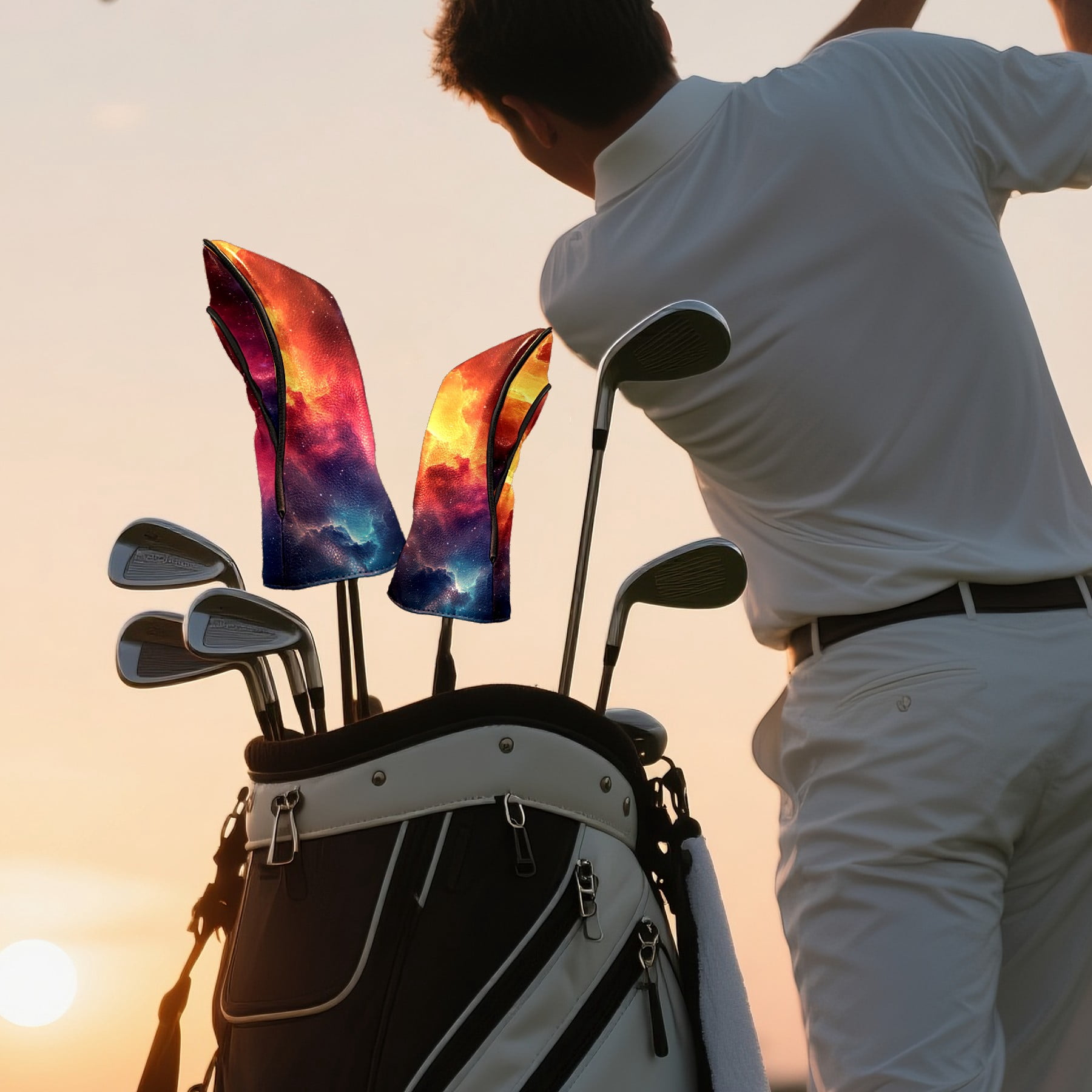 Golf Club Covers PU Leather Waterproof Head Covers for Fairway Woods Hybrids Gradient Aurora