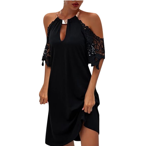 Viikei Plus Size Short Sleeve Dress for Women Lace O-Neck Halter Solid Long Loose Dress