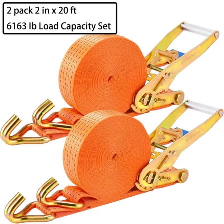 BOYOU 2 Pack 2 in x 20 FT Double J Hook Ratchet Straps (6,163 lbs Break Strength), Heavy Duty Tie Down Straps for Trucks(Orange)