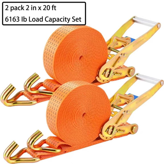 BOYOU 2 Pack 2 in x 20 FT Double J Hook Ratchet Straps (6,163 lbs Break Strength), Heavy Duty Tie Down Straps for Trucks(Orange)