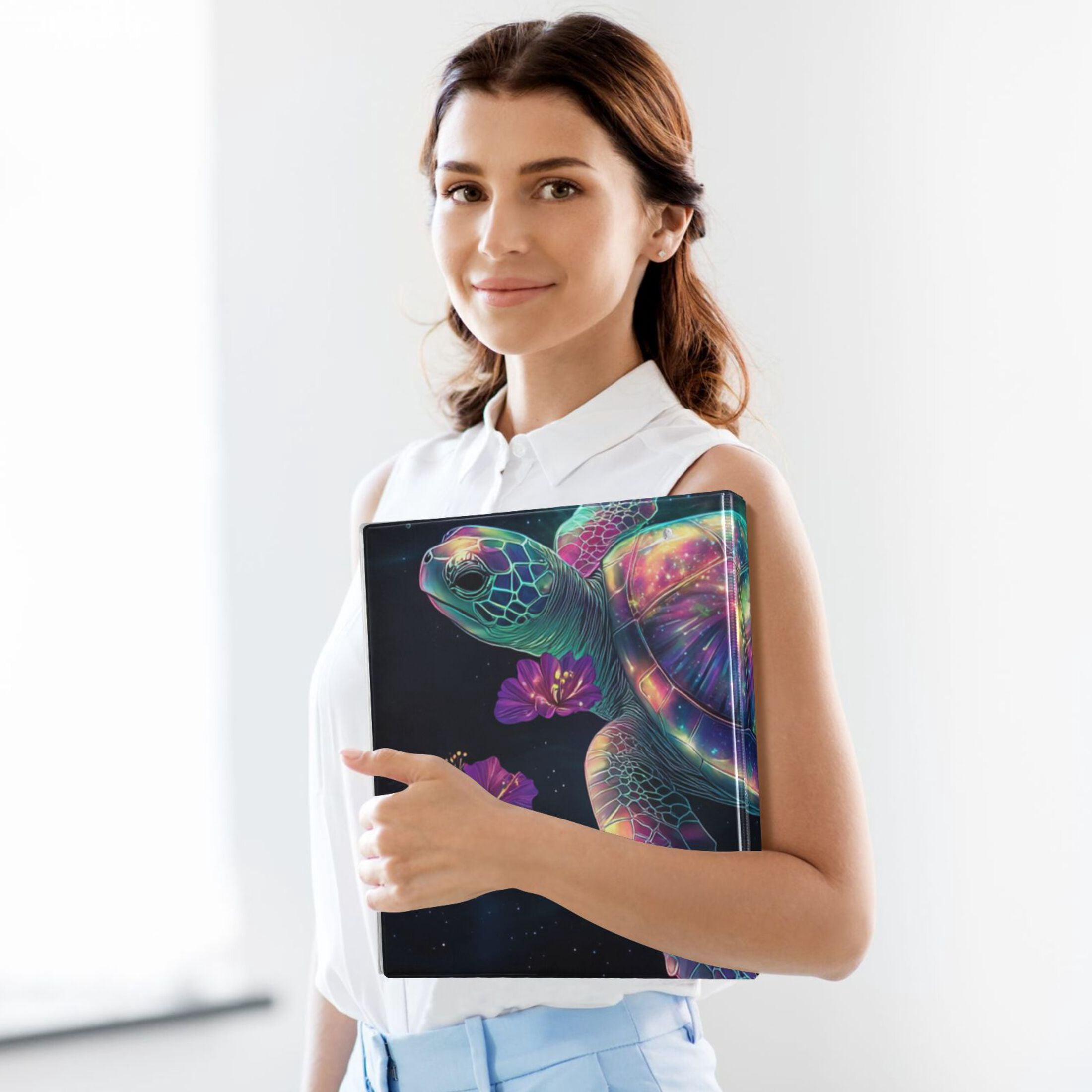 Glowing Sea Turtle Flowers 3 Ring Binders 1.5 inch Hardcover File Folders with Interior Pockets A4 Size Organizer for School Office Hospital