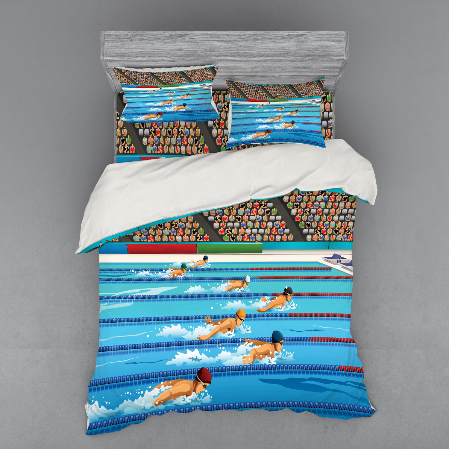 Details about   Cartoon Quilted Coverlet & Pillow Shams Set Olympics Swimming Race Print 