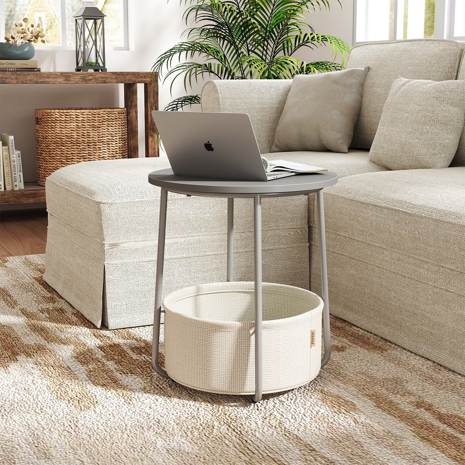 LEDREM Modern Round Accent Table with Fabric Storage Bin, Compact Nightstand for Bedroom & Living Area, Space-Saving Furniture with Patented Design, Gray & White
