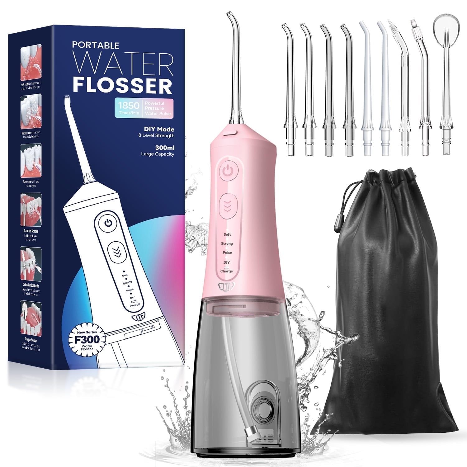 JTF Cordless Water Flosser with 9 Jet Tips and Travel Case