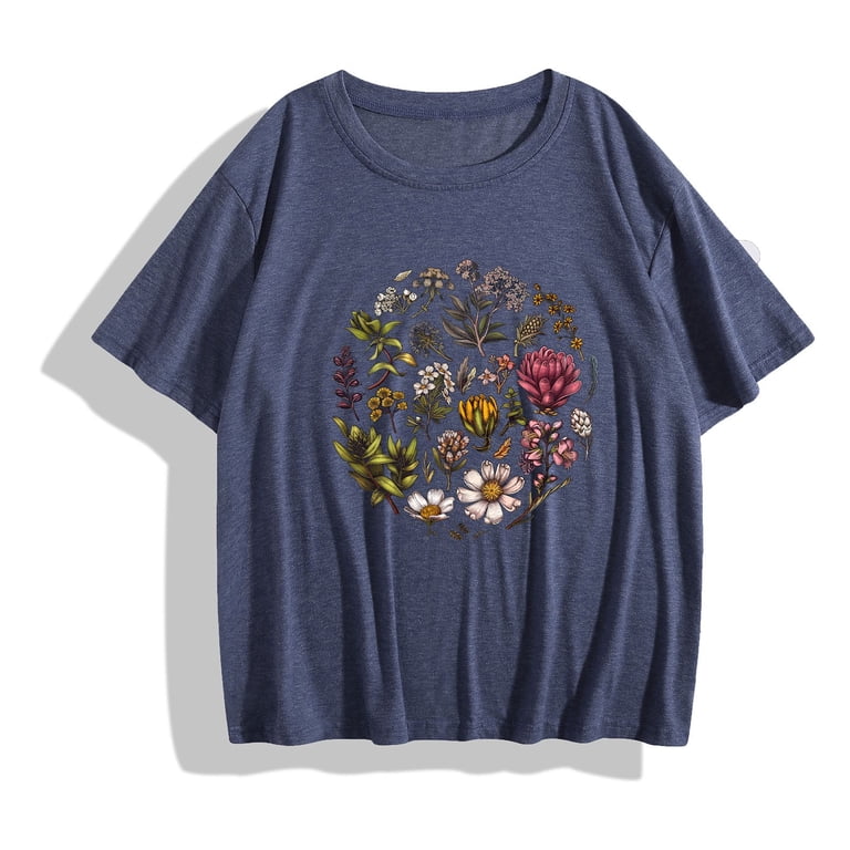 Women's Vintage Floral T-Shirt - Boho Sunflower Wildflowers Graphic Tee, Casual Short Sleeve Top | Small, Grey