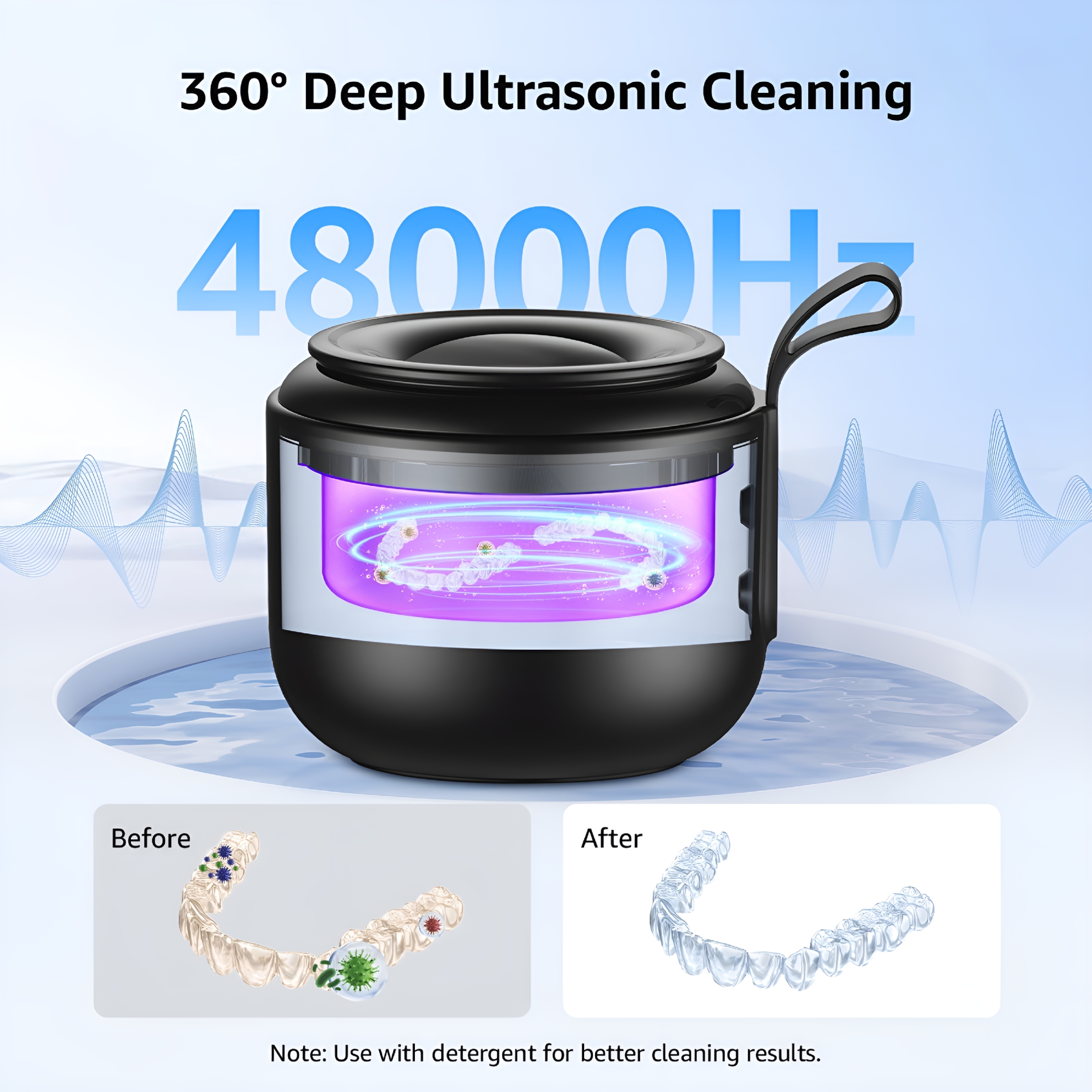 CURYMAY Ultrasonic Cleaner, 48kHz Rechargeable Cordless Jewelry Denture Cleaner Machine, 200ML Cleaning Pod for Jewelry, Rings, Glasses, Mouth Guard, Waterproof UV Cleaner with Digital Timer