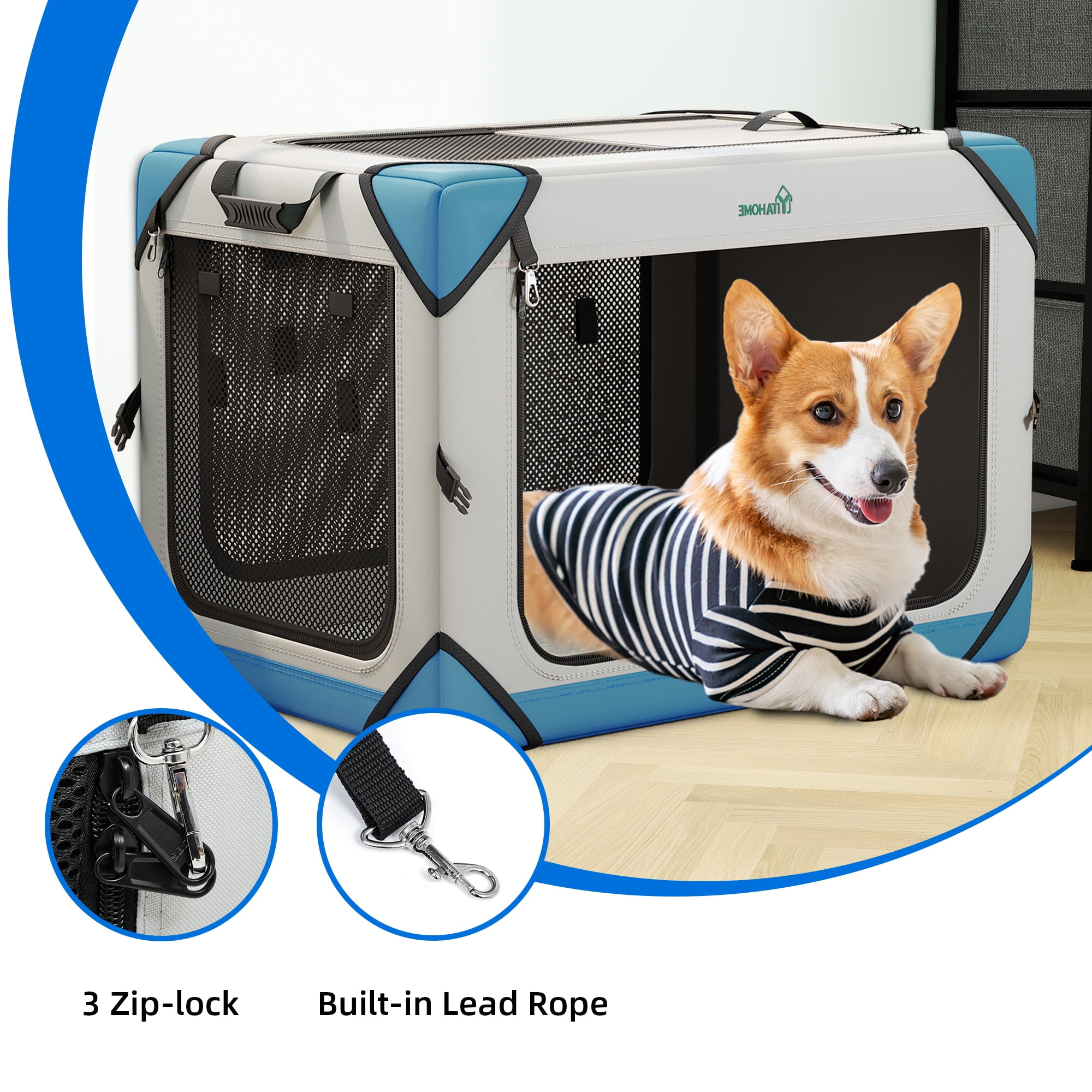 Dextrus Portable Dog Travel Crate, Large Collapsible Pet Carrier with 4 Doors and Sturdy Mesh Windows, Soft Dog Kennel for Indoor and Outdoor Use(20" L x 13" W x 15" H)