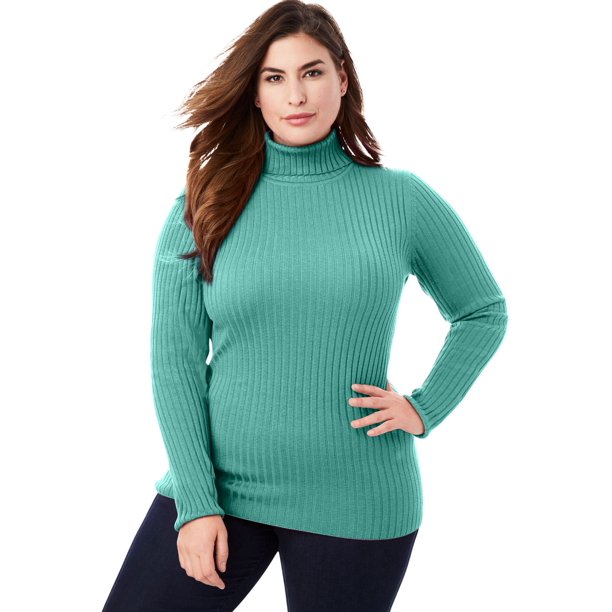 Jessica London Women's Plus Size Ribbed Cotton Sweater 100% Cotton - 26/28, Island Aqua - Walmart.com