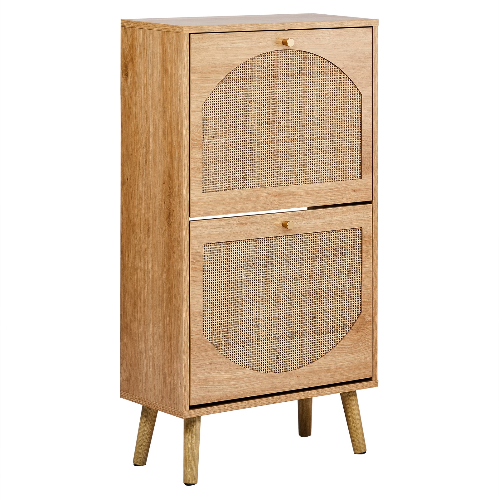 Flip Door Rattan Shoe Cabinet, High Density Fiberboard with Melamine Laminate, Mid Century Modern Shoe Storage Organizer, Slim Space Saving Shoe Rack for Entryway Hallway Small Spaces