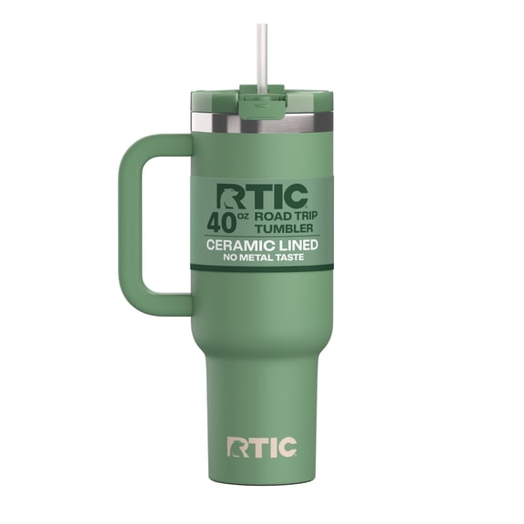 RTIC 40 oz Ceramic Lined Road Trip Tumbler with Handle and Leak-Resistant Straw Lid, Sage