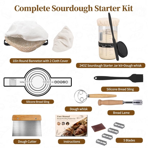 Sourdough Starter Kit,Banneton Bread Proofing Basket 10Inch Round,Sourdough Bread Baking Supplies With Starter Jar,Bread Sling,Lame,Danish Dough Whisk Sourdough Kit Gifts (Khaki)