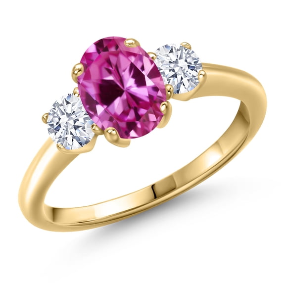Gem Stone King 10K Yellow Gold Pink Created Sapphire and White Zirconia Engagement Ring for Women | 2.15 Cttw | Oval 8X6MM | Gemstone September Birthstone | Size 9
