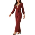 thumbnail image 4 of INSPIRE CHIC Women's Long Sleeve V Neck Jumpsuit Belted Stretchy Wide Leg Long Pant Romper with Pockets, 4 of 4