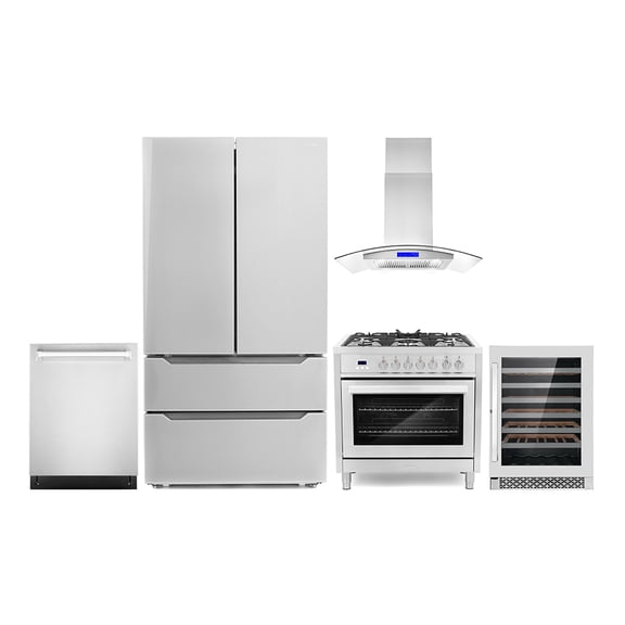 Cosmo 5 Piece Kitchen Appliance Packages with 36" 220/240V Dual Fuel Range 36" Island Range Hood 24" Built-in Fully Integrated Dishwasher French Door Refrigerator & 48 Bottle Wine Refrigerator