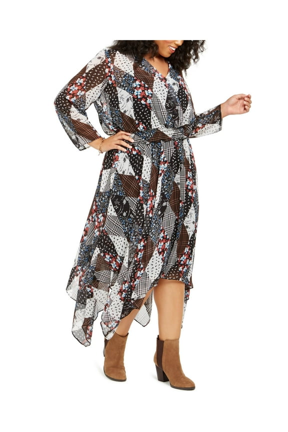 Womens Black Printed Long Sleeve V Neck Maxi Sheath Dress Plus 0X