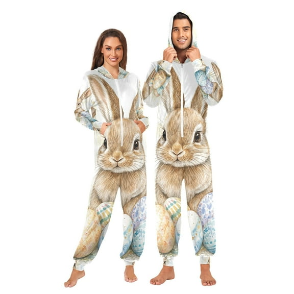 Bunny Easter Eggs Rabbit Adult Onesie Pajamas Slim Fit Christmas One Piece Suit Pjs for Women and Men Hooded Zipper