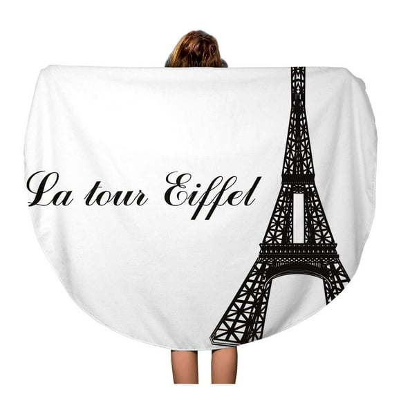 POGLIP 60 inch Round Beach Towel Blanket Architecture Black and White Eiffel Tower Word La Tour Travel Circle Circular Towels Mat Tapestry Beach Throw