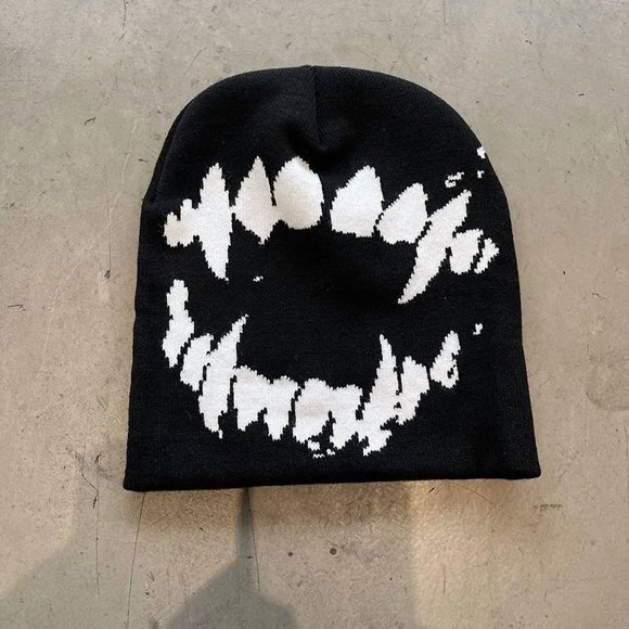 Women Hat Knitting Beanies Goth Tooth Caps Men Y2k Streetwear Winter Fashion Pullover Kpop Harajuku Vintage Warm Hip Hop Unisex Black-01 one size