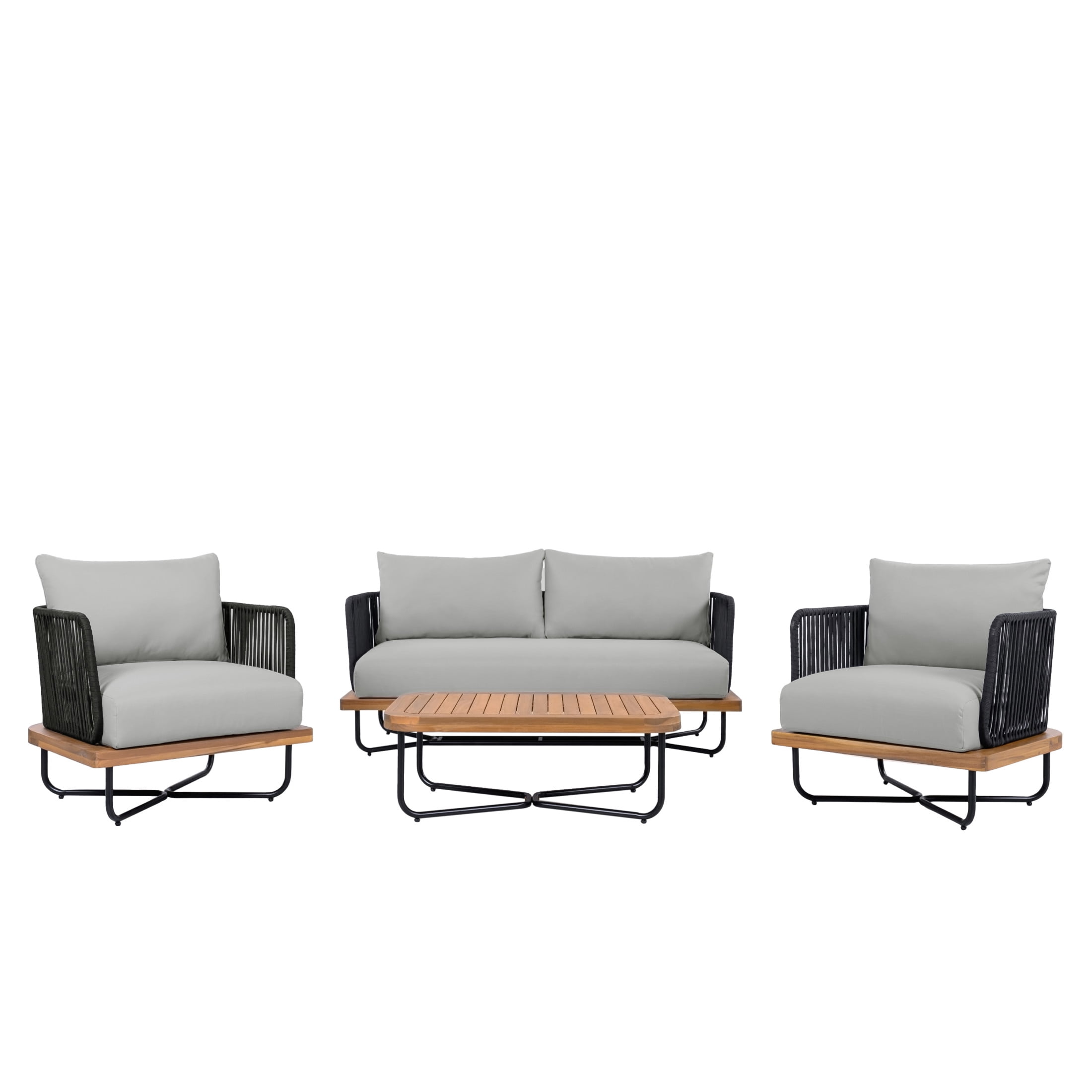 Christopher Knight Home 4-Piece Outdoor Chat Set with Coffee Table, Black Rope, Light Gray Cushion