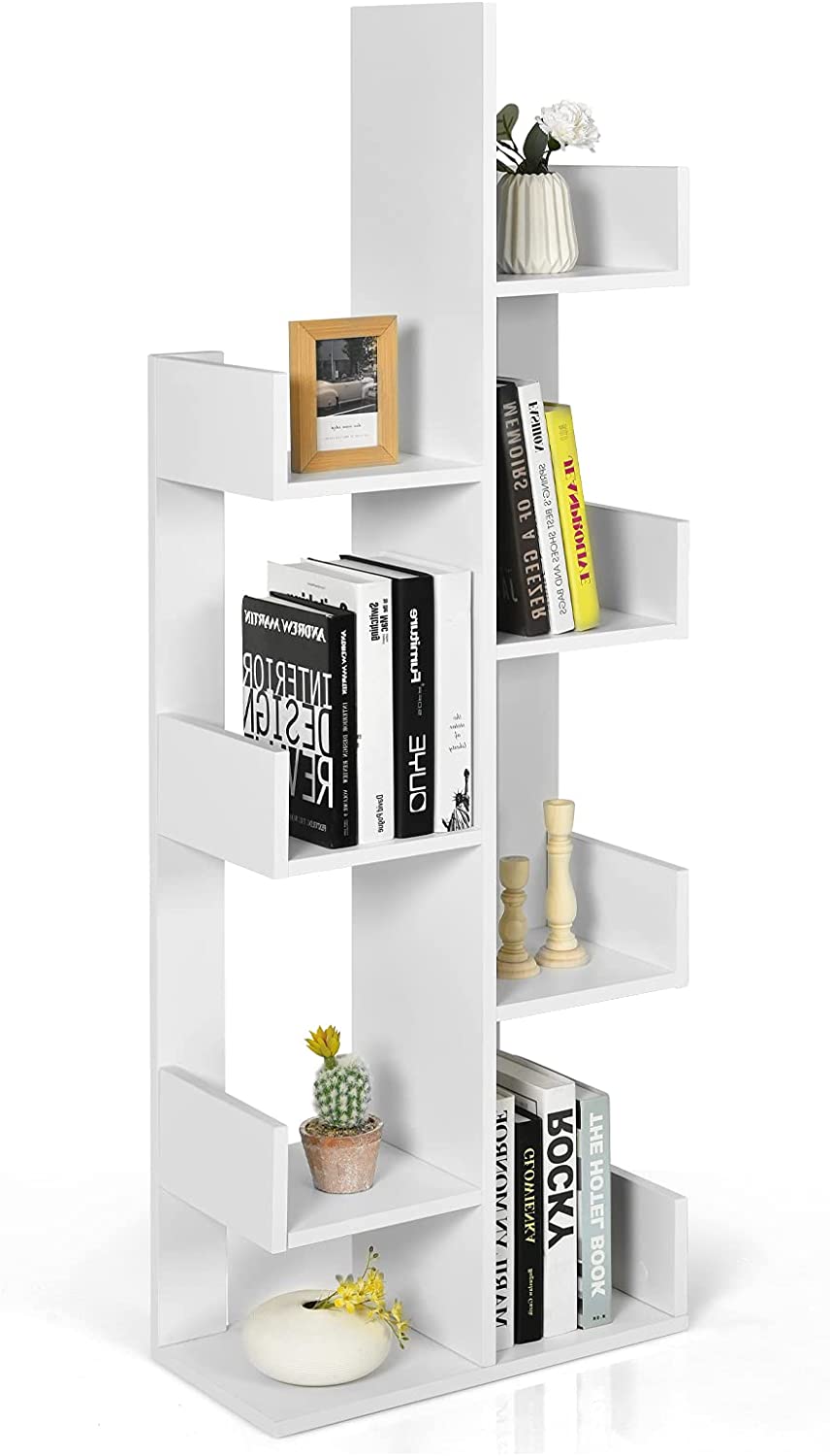 Tree Bookshelf, Movie Shelf Tower w/ 8 Storage Shelves, AntiToppling