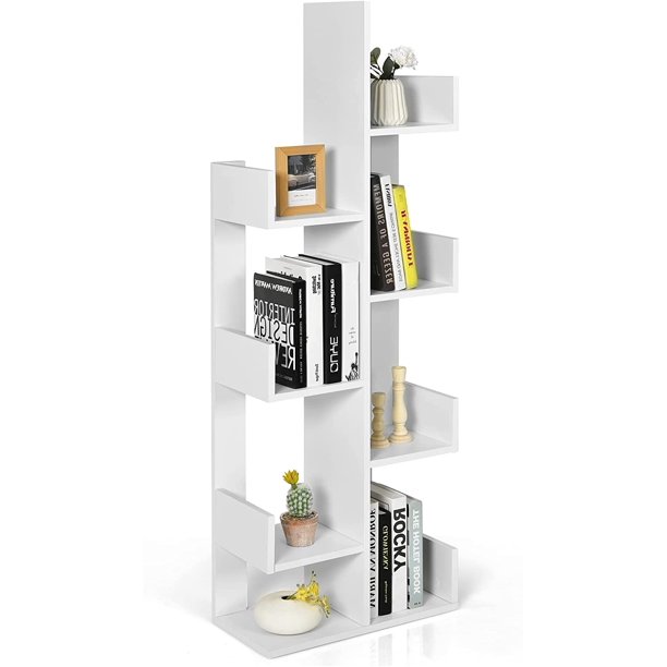 Tree Bookshelf, Movie Shelf Tower w/ 8 Storage Shelves, AntiToppling, 4Tier Freestanding