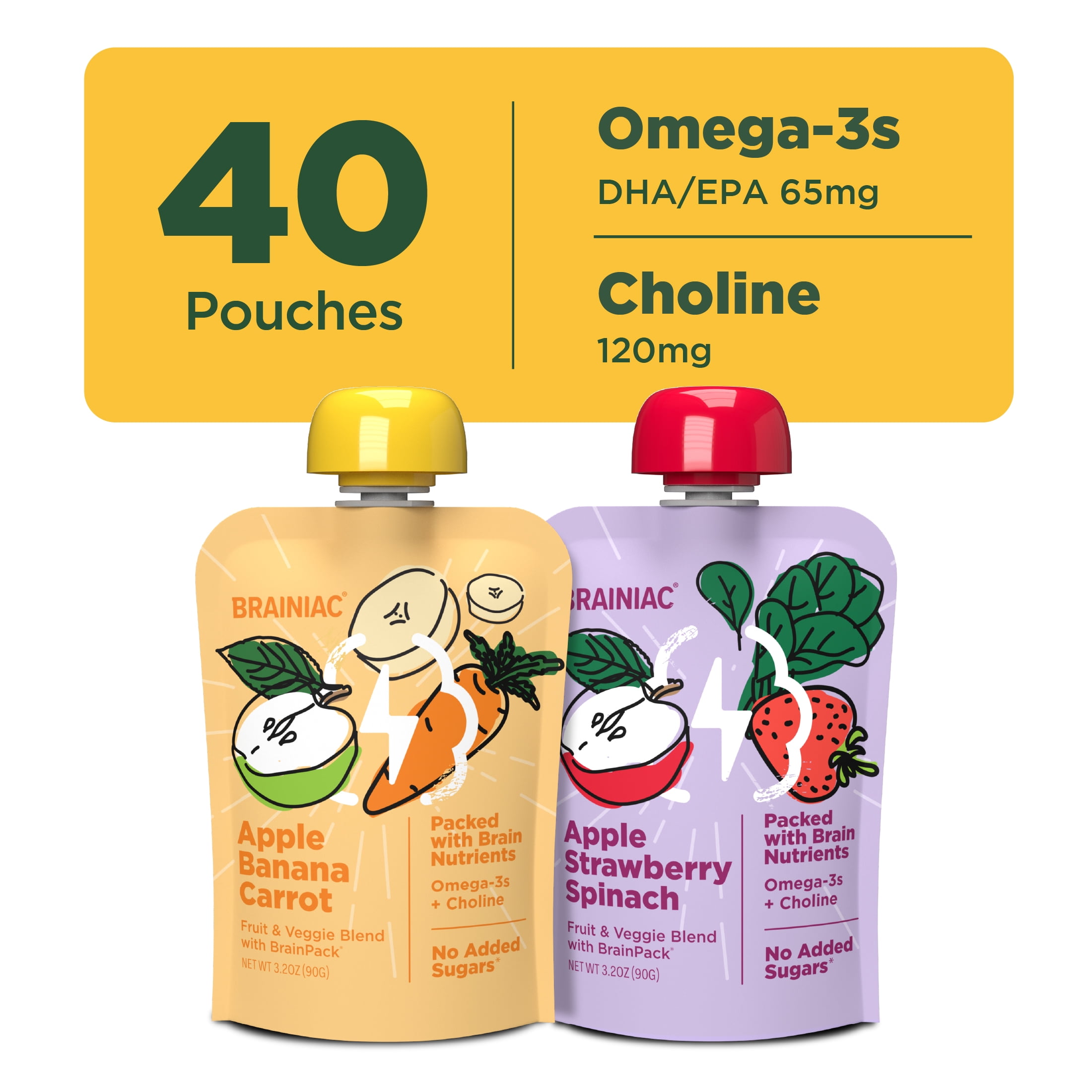 Brainiac Omega-3 Fruit and Veggie Blend Variety Pack, No Sugar Added, 3.2 oz, 40 Ct