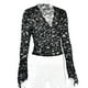 thumbnail image 2 of Top Mujer Ticfox cuello en V profundo elegante encaje Slim Fit manga larga acampanada Negro S, 2 of 5