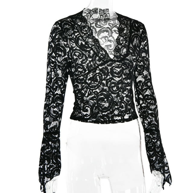 Camisa de manga acampanada ajustada, Top con cuello en V profundo Manga acampanada Top con cuello en V profundo Blusa de encaje de manga larga Elegante y moderna