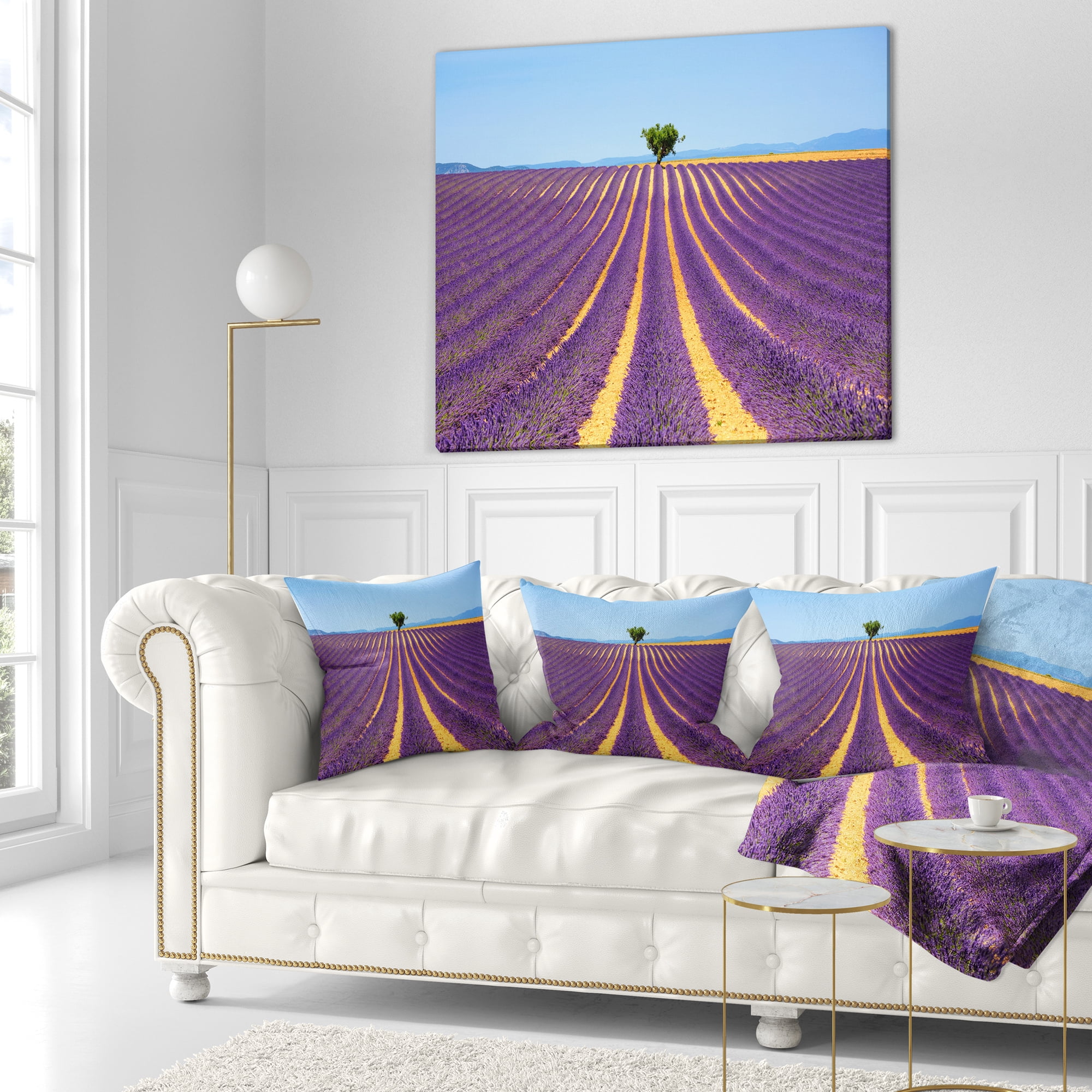 Designart Lonely Uphill Tree in Lavender Field - Landscape Wall Throw Pillow - 16x16