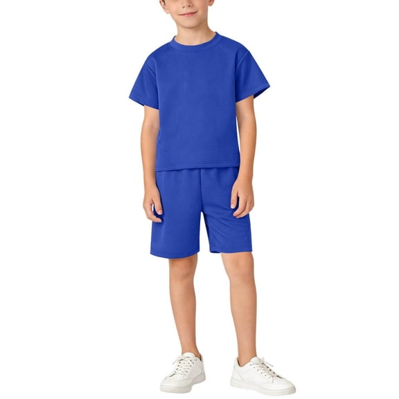 Boys 2 Piece Summer Outfits Solid Short Sleeve T-shirt & Shorts with Pockets Casual Sweatsuit Sets Loungewear (7-8 Years, Blue)