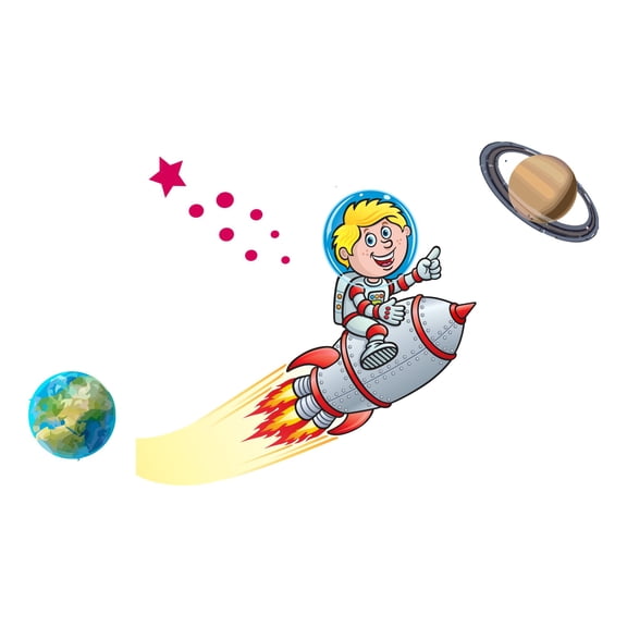 Cute Kid Blasting through Space Wall Decor Wall Decal Decoration Adventurous Space Cartoon Rocket Decorating Ideas for Child's Bedroom Size: 30 In(W) x 18 In(H)