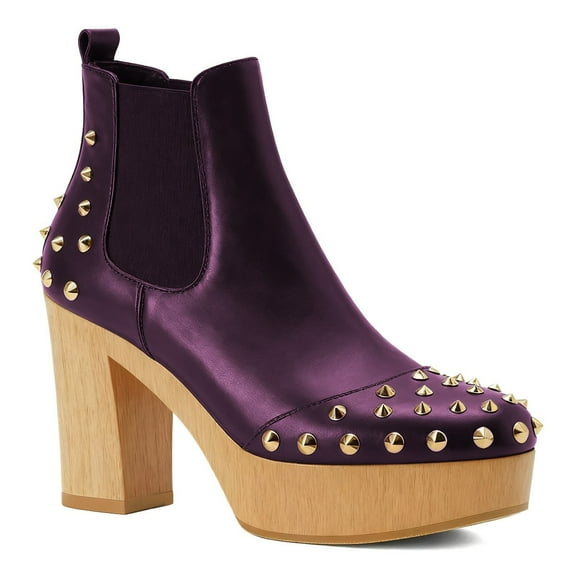 XYD Women Block High Heels Ankle Boots with Gold Studs Platform Round Toe Booties Side Elasticized Fashion Party Shoes Size 7 Purple